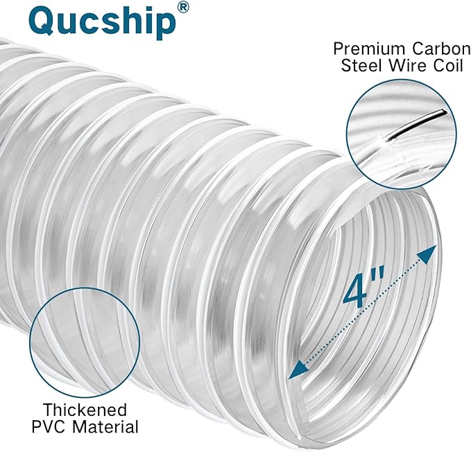 Qucship PVC Dust Collection Hose 4" x 10', Puncture-Resistant, Flexible Clear PVC Fume Hose with Carbon Steel Wire Coil for Dust Collection Systems