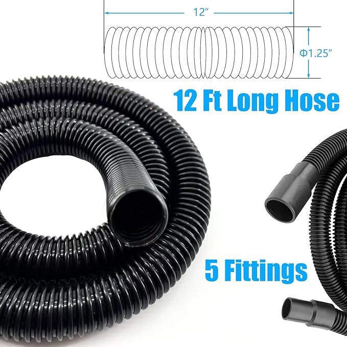 Dust Collection Vacuum Hose Kit, 12 Foot Dust Collection Power Tool Kit with 5 Vac Cleaner Hose Fittings/Attachments for Household, woodworking Power Tool and Dry/Wet, Fits Multiple Types Power Tools