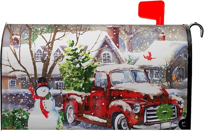 Red Buffalo Plaid Snowman Xmas Mailbox Covers - Winter Post Box Cover with Magnetic Closure - Waterproof & Standard Size 21x18 inch for Garden Yard Home Decor