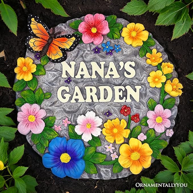Elegant Resin Stepping Stone, Outdoor Garden Pathway Decoration (Nana’s Garden Floral Stepping Stone, 9.5" Decorative and Gift for Grandmother)