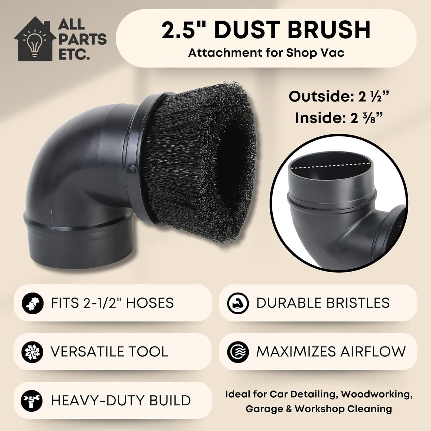 2.5" Dust Brush Attachment Compatible with Shop Vac, Craftsman, and more Wet Dry Vacuum Cleaner Accessory with Nylon Bristles Fits 2-1/2 Inch Hose - for Woodworking, Garage & Workshop Cleaning.