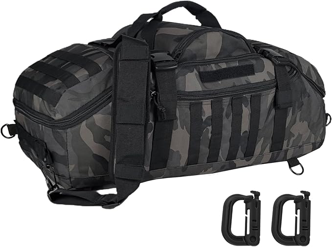 Travel Gym Duffle Bag Tactical, for Men Women Multi-functional Backpack, 3 in 1 Shoulder Bag Backpack Handbag for Sports Hiking Camping, Water Resistant Easy Clean (Black Camo, 55L)