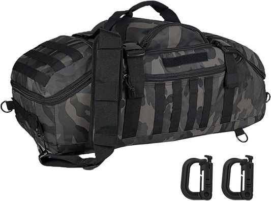 Travel Gym Duffle Bag Tactical, for Men Women Multi-functional Backpack, 3 in 1 Shoulder Bag Backpack Handbag for Sports Hiking Camping, Water Resistant Easy Clean (Black Camo, 55L)