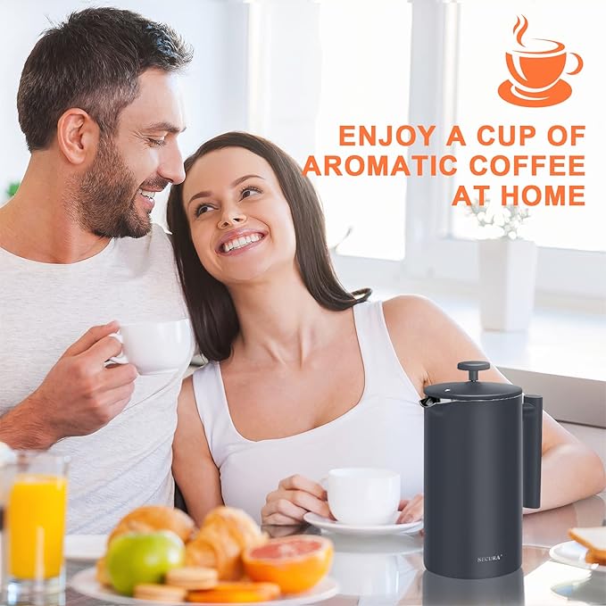 Secura French Press Coffee Maker, 304 Grade Stainless Steel Insulated Coffee Press with 2 Extra Screens, 34oz (1L), Grey