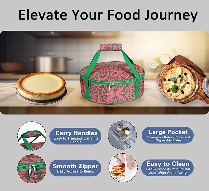 Round Portable Insulated Thermal Dish Carrier Bag for Pie and Cake Transport to Keep Food Hot/Cold/Fresh for Lunch, Potlucks Parties Gathering,Cookouts,Church Dinner,Outdoor Events-Pink