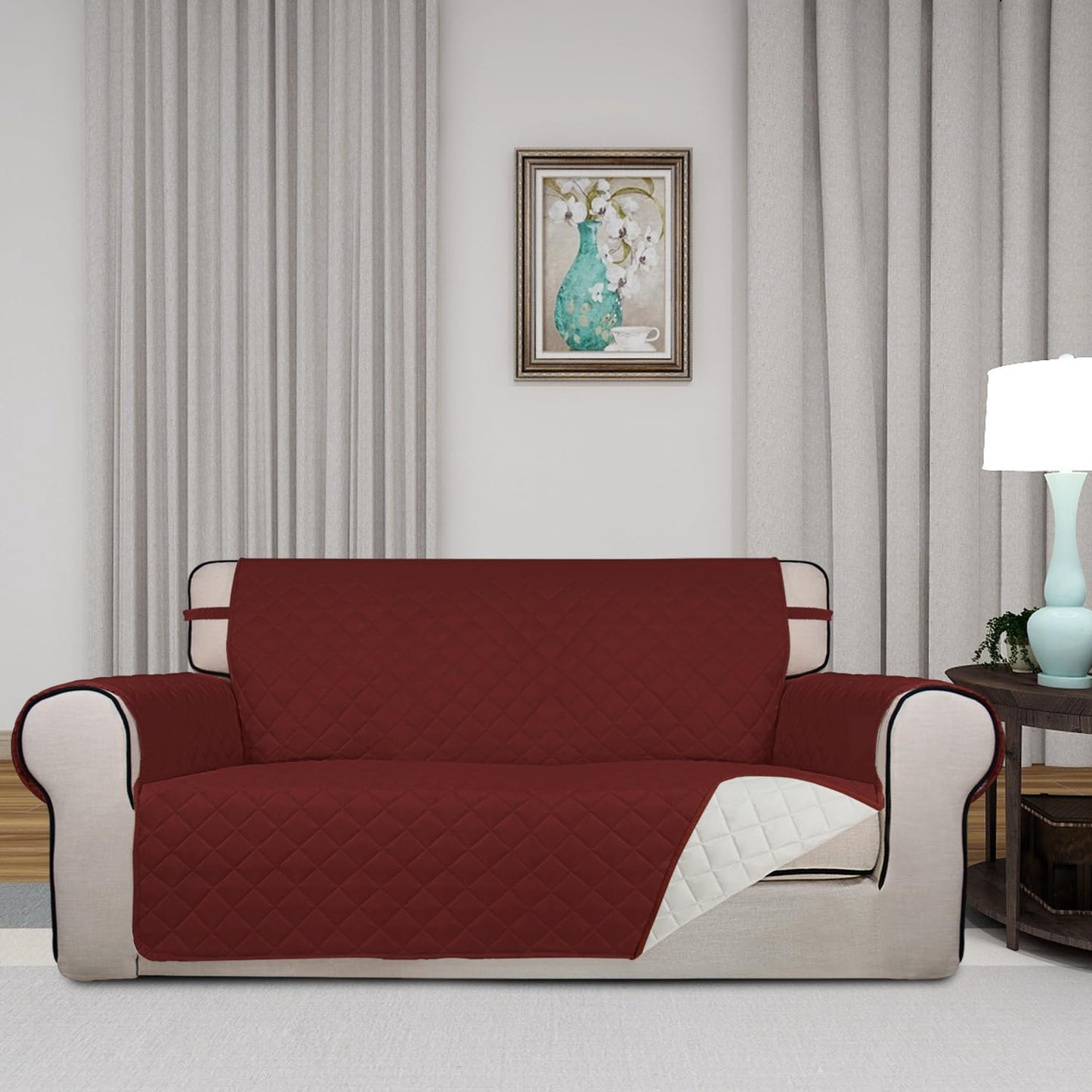 PureFit Reversible Quilted Sofa Cover, Water Resistant Furniture Protector, Washable Couch Cover with Non Slip and Elastic Straps for Kids, Dogs, Pets (Oversized Loveseat, Red/Ivory)