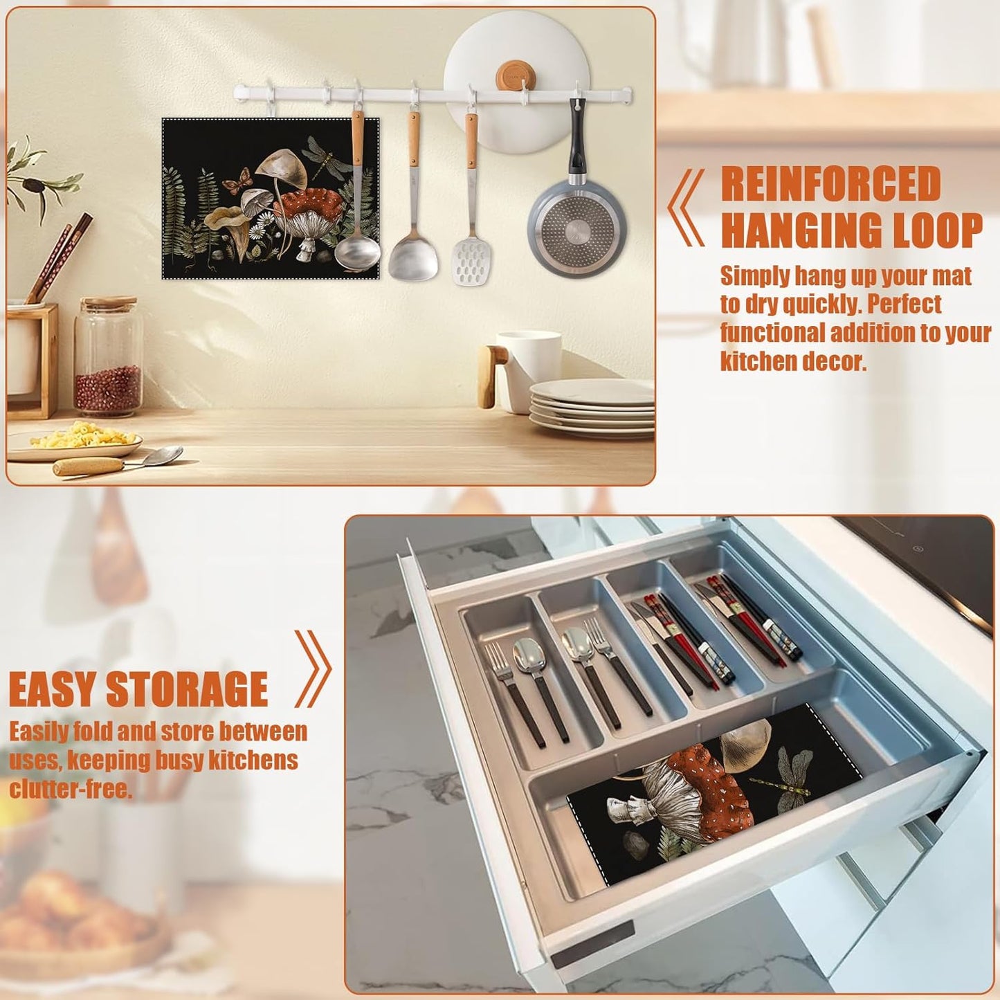 Vintage Mushroom Dish Drying Mat for Kitchen Counter Microfiber Absorbent Dish Kitchen Drying Mat Draining Reusable Washable for Dishes/Utensils/Counterto