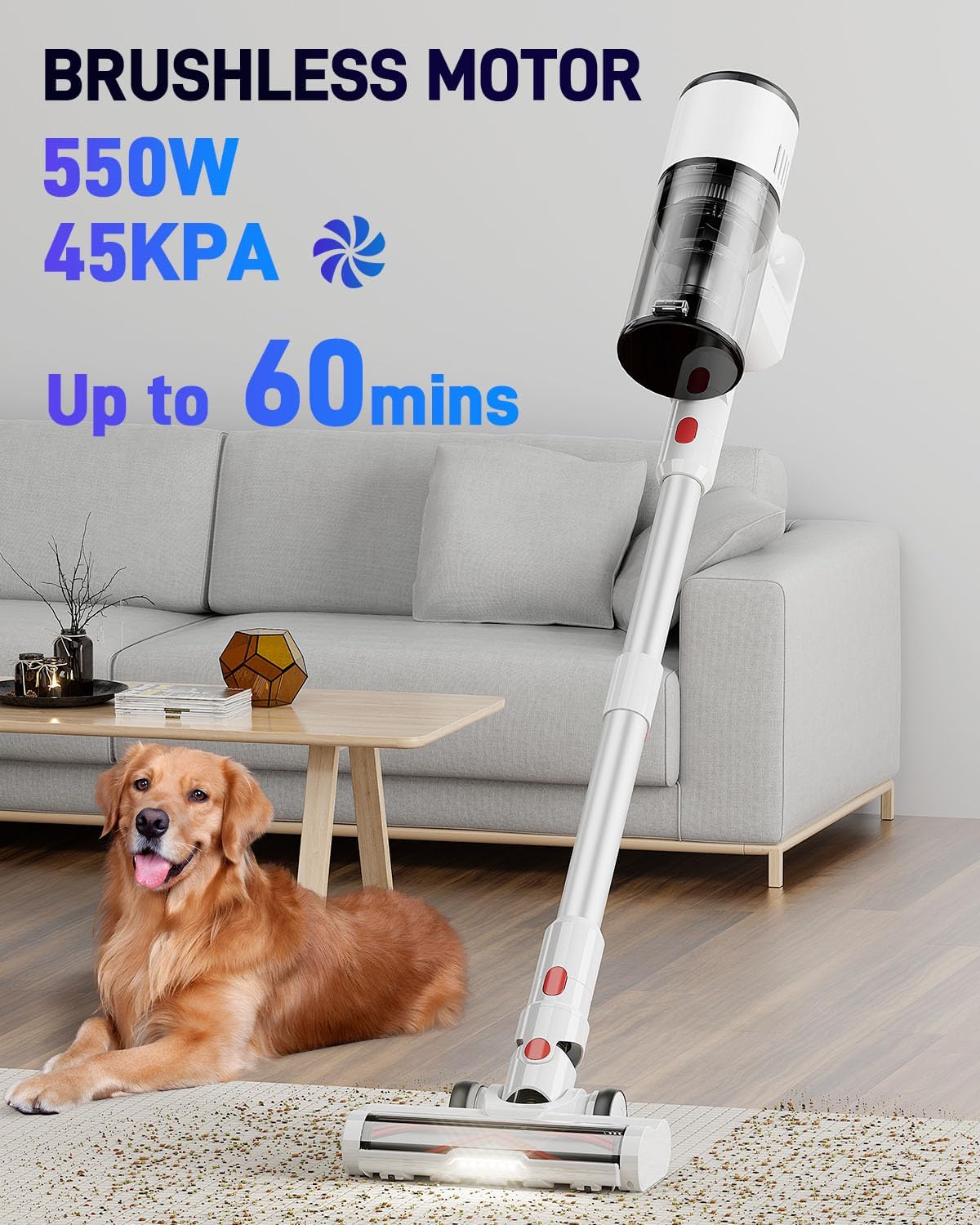 Vacuum Cleaners for Home, Cordless Vacuum Cleaners, 550W 45KPA Stick Handheld Vacuum with Rechargeable Battery, Up to 60 Mins Runtime Household Vac, for Carpet, Hardwood, Pet Hair (White)