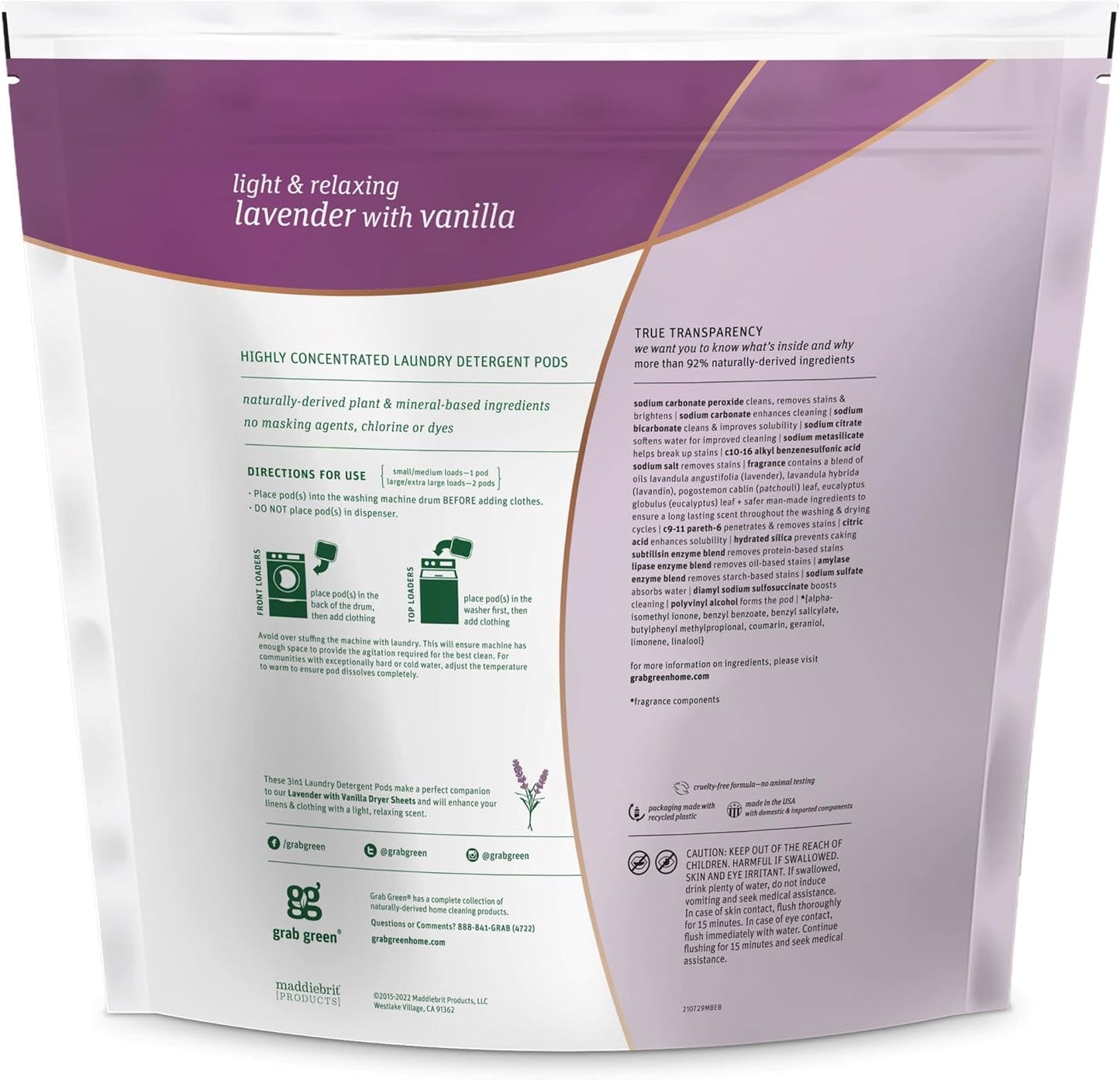 Grab Green 3-in-1 Laundry Detergent Pods, 132 Count, Lavender Vanilla Scent, Plant and Mineral Based, Superior Cleaning Power, Stain Remover, Brightens Clothes