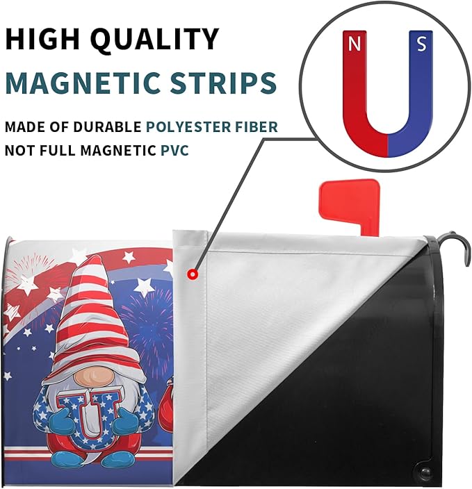 Patriotic Gnomes USA Flag Mailbox Cover Independence Day July 4th Mailbox Covers Oversize 25.5"" x 21"" Happy Holiday Waterproof Post Box Cover Wraps for Outdoor Garden Yard Home Decor