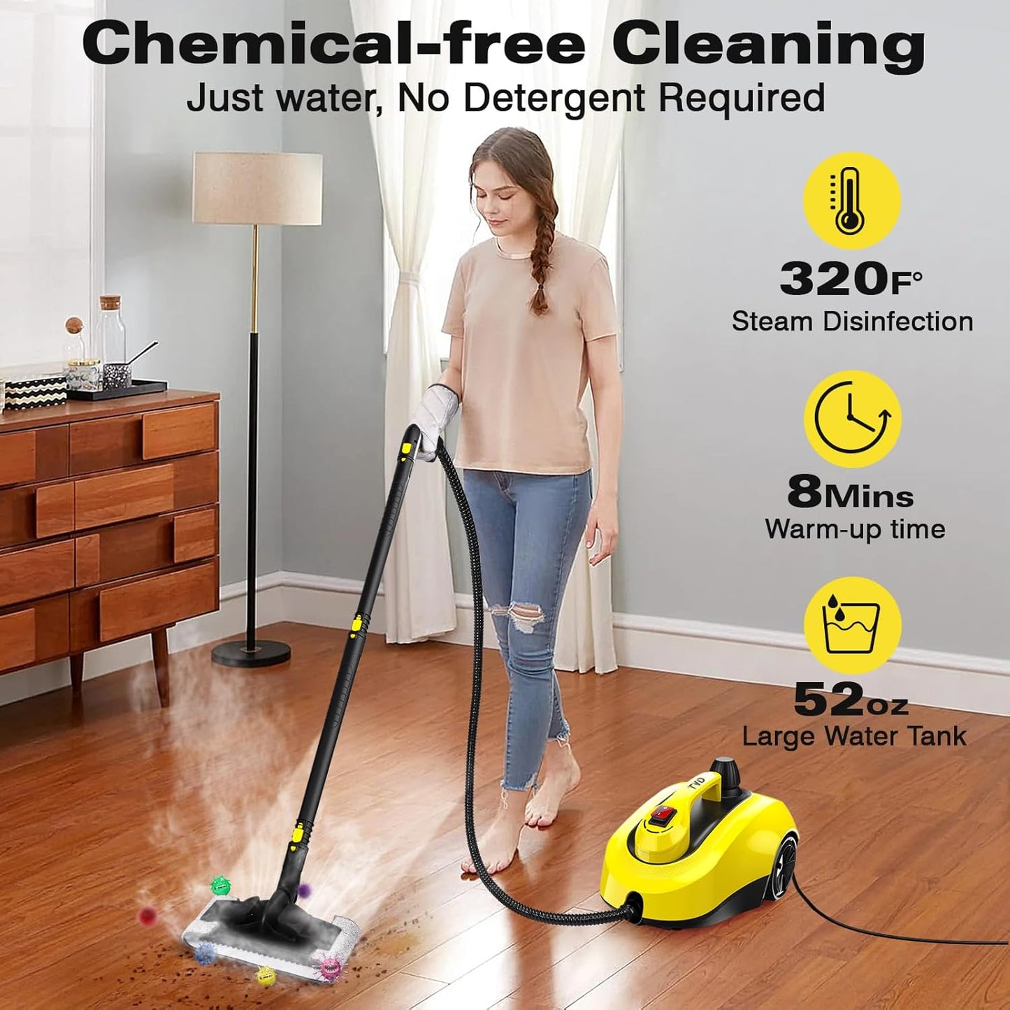 TVD Steam Cleaner, Heavy Duty Canister Steamer with 26 Accessories, Steam Mop with 5M Extra-Long Power Cord for Home Floor Cleaning, Grout, Upholstery, Car Detailing