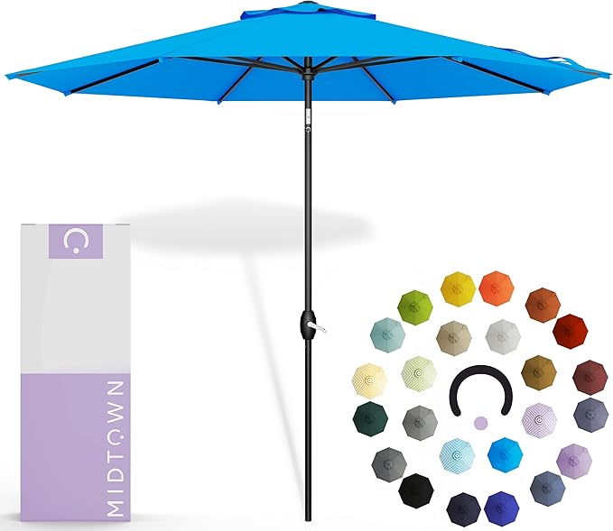 Midtown Umbrellas 10-Year-No-Fade - 9 Ft - UV Proof Cobalt Blue Polyester Fabric - Umbrella Outdoor Patio, Auto-Tilt Aluminum Frame Patio Umbrella for Garden, Pool & Deck - Black Pole