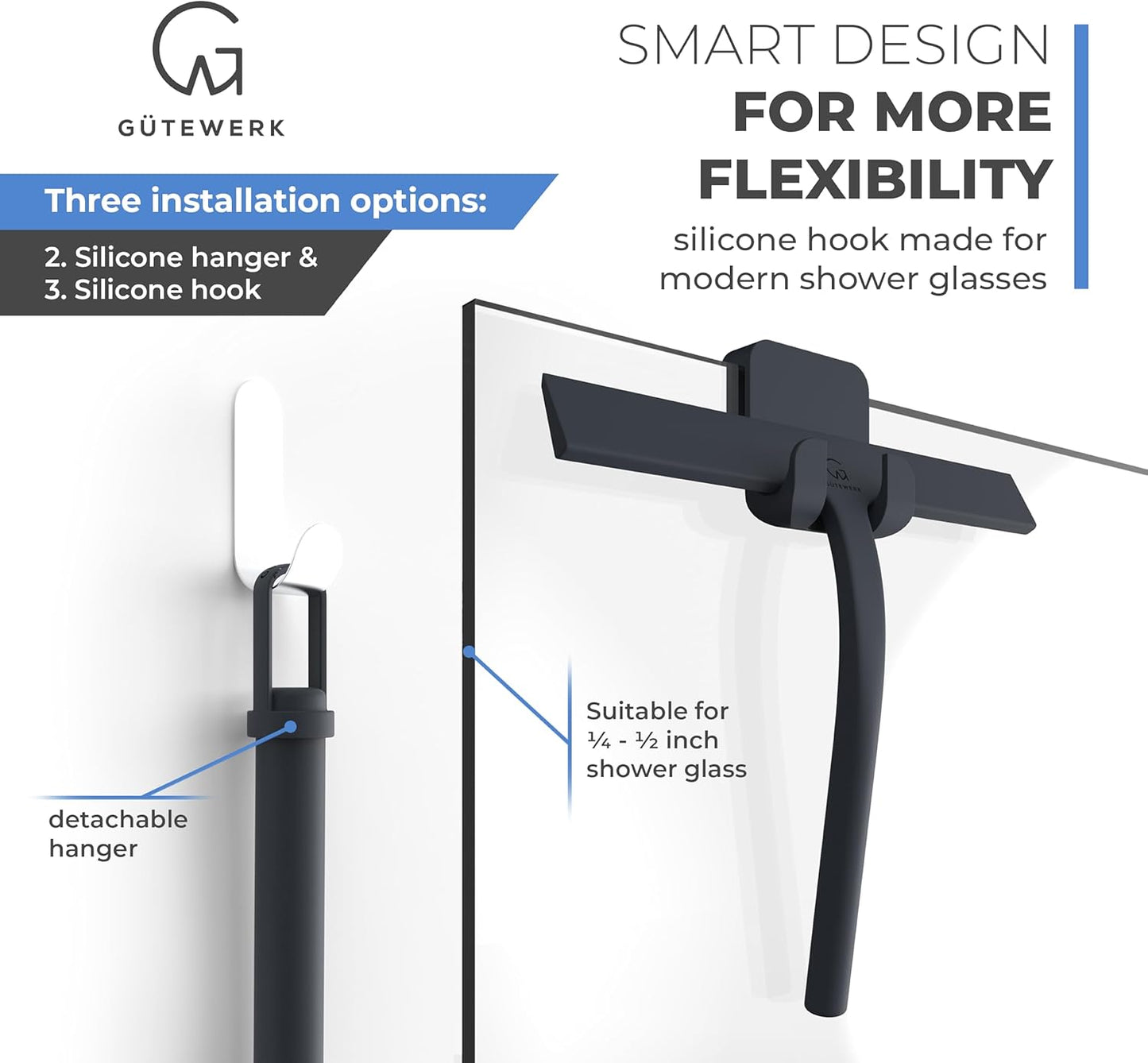 GÜTEWERK Shower Squeegee for Glass Doors, Silicone Window Squeegee, Bathroom and Glass Cleaning - Black - 13 Inch