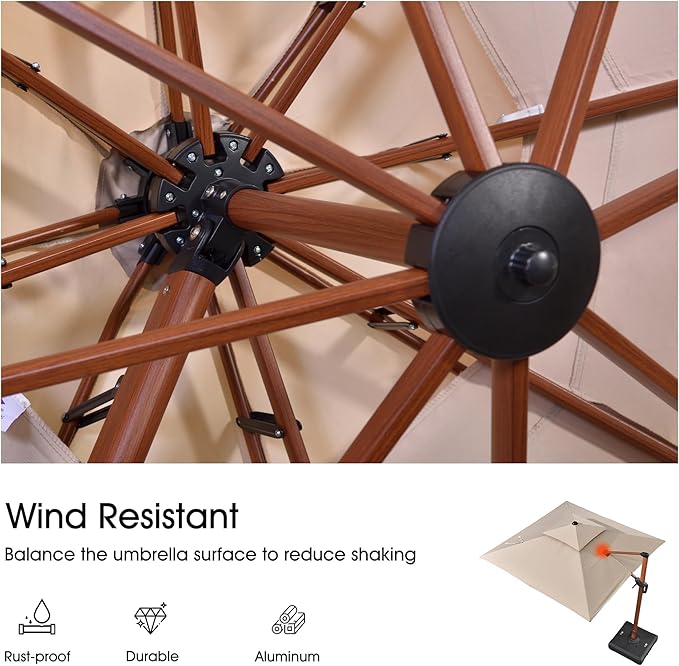 PURPLE LEAF Patio Umbrella with Base Outdoor Square Umbrella Large Cantilever Umbrella Windproof Offset Umbrella Heavy Duty Sun Umbrella for Garden Deck Pool Patio, 9ft Beige