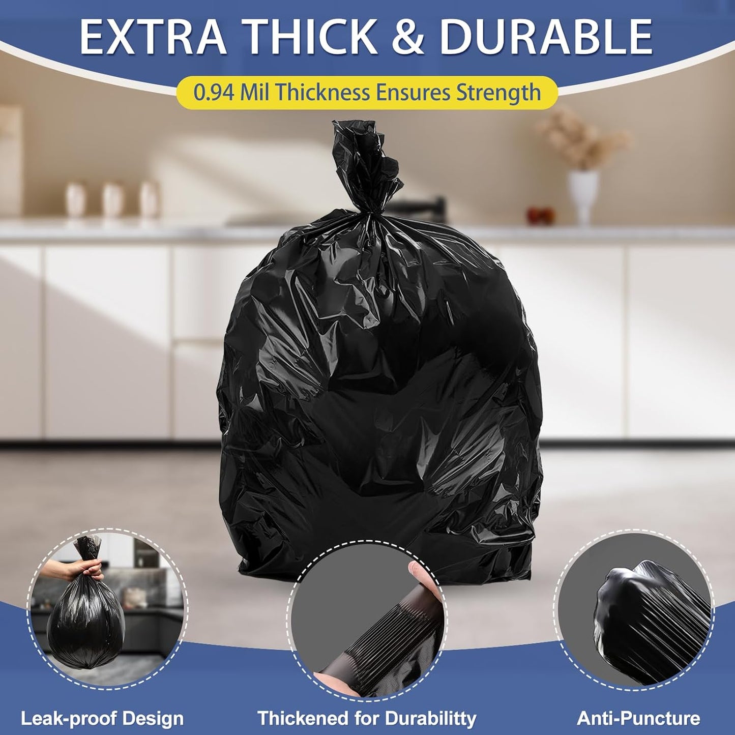 8 Gallon Trash Bags Heavy Duty - 30 Liters Black Garbage Bags,0.94 Mil Thick,220 Count,Medium Leakproof and Unscented Wastebasket Can Liners for Kitchen Home Toilet