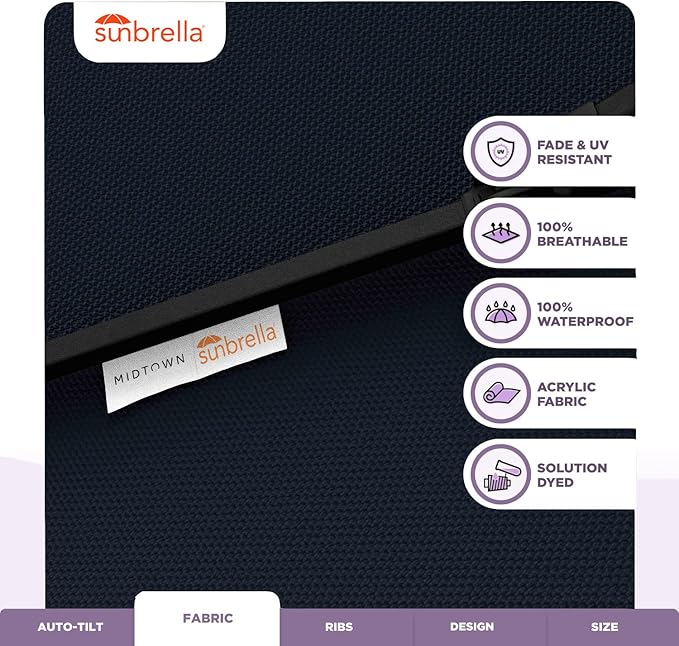 Midtown Umbrellas Sunbrella Umbrella 10 Feet Large Outdoor Umbrella With Sunbrella Canvas Navy Fabric - Auto-Tilt Aluminum Frame Large Patio Umbrella For Backyard, Deck, Garden, Pool - Black Pole