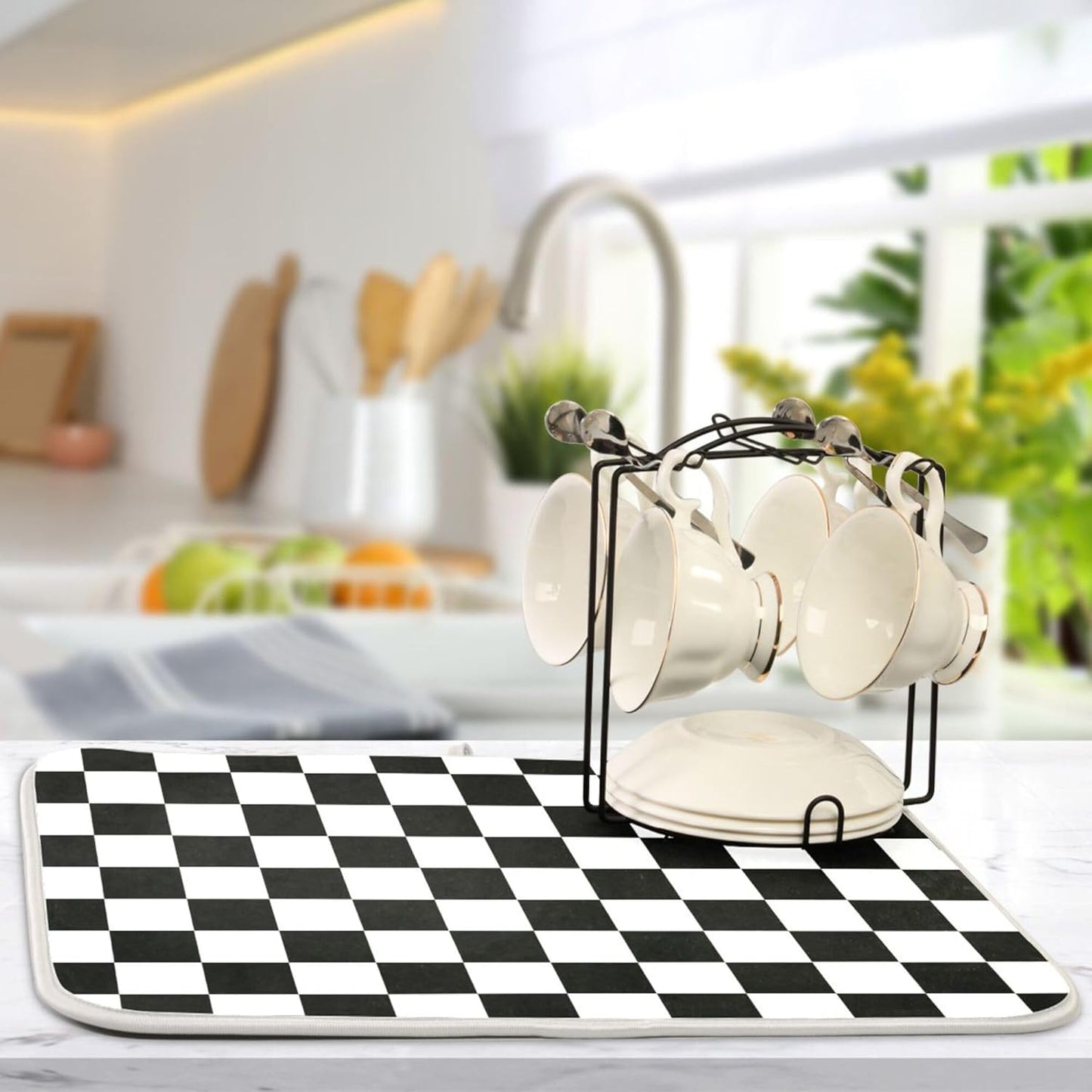 Black White Chessboard Dish Drying Mat for Kitchen Countertop 18x24 Plaid Checkered Rectangle Large Drying Mat Reusable Quick Dry Dish Sink Absorbent Mats Easy Clean Decorative Home Essentials