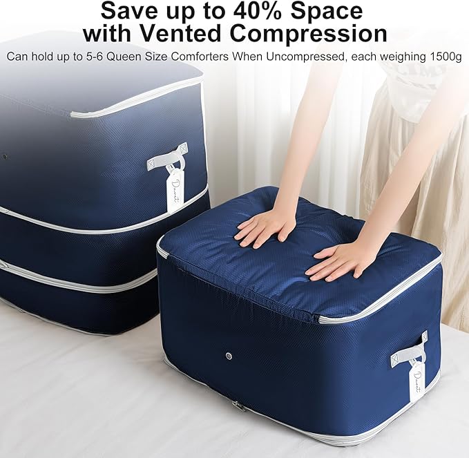 Comforter Storage Bag - 130L Blanket Storage Bags 3-Layer Ultra Space Saving Self Compression Organizer, Washable Compression Bags for Storage Comforter Blanket, 4-Pack, Navy Blue