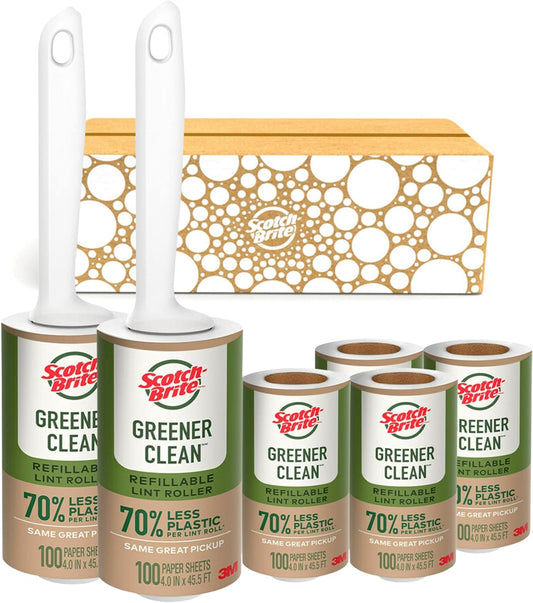 Scotch-Brite Greener Clean Lint Roller, Reusable Lint Rollers for Clothes, Furniture, and Pet Hair, Tidy Up Fabrics with a More Sustainable Fuzz Remover, 2 Roller, 4 Refills