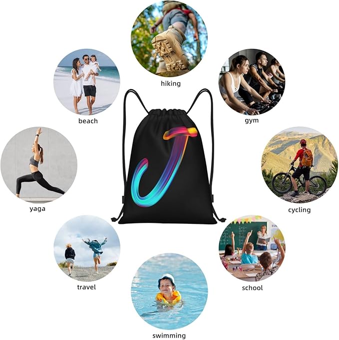 Drawstring Bags Initial Drawstring Backpack Sackpack Black Draw String Cinch Bags for Sports, Gym, Travel, Swimming, Beach, Camping, Rainbow Letter J