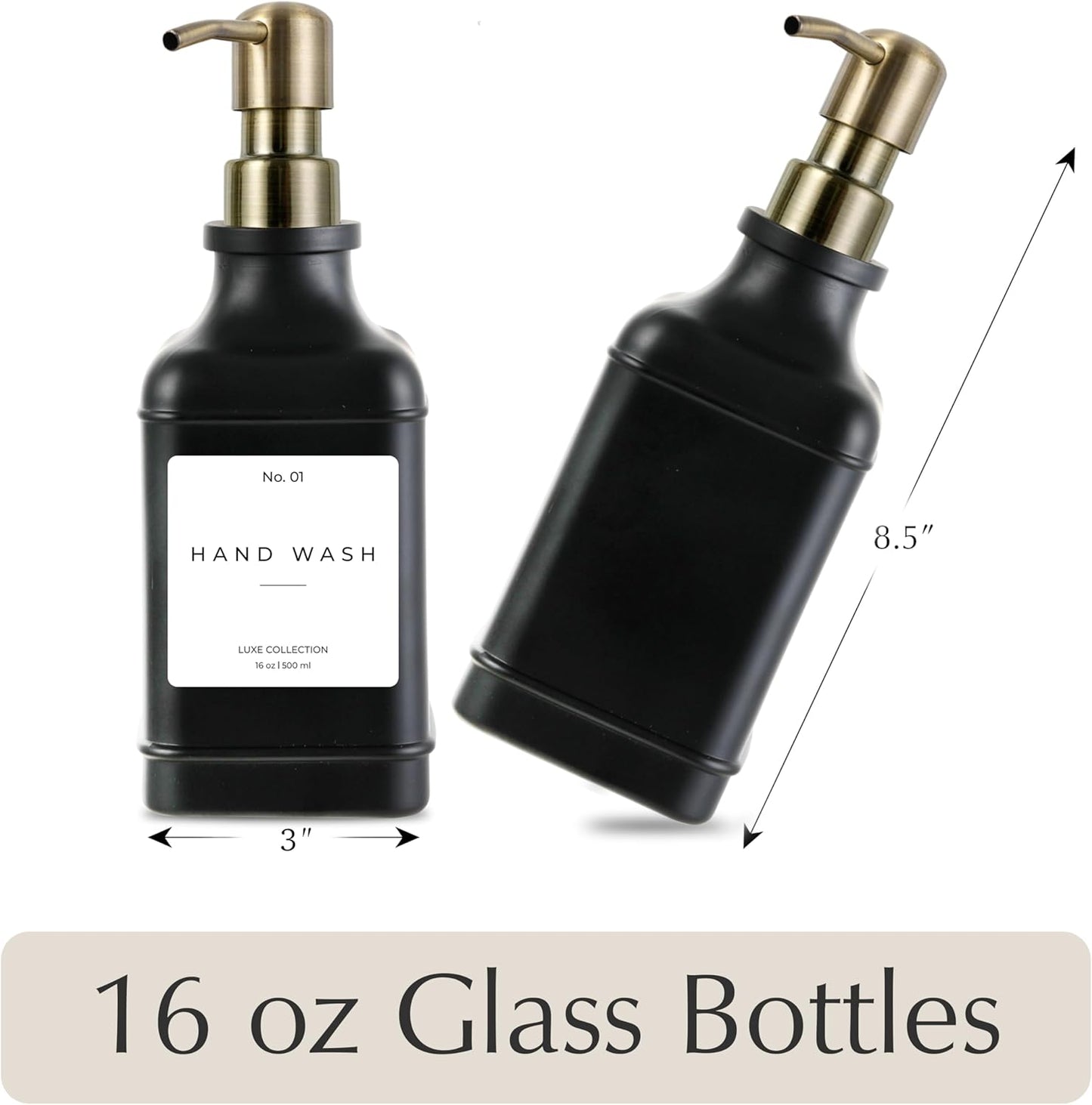 Emerson Essentials Soap Dispenser, Dish Soap Dispenser, Soap Bottle Bathroom Set, Hand Soap Farmhouse Home, Kitchen Soap Dispenser Set - Glass Soap Dispenser with Pump and Labels, 16 Oz, 2 Set