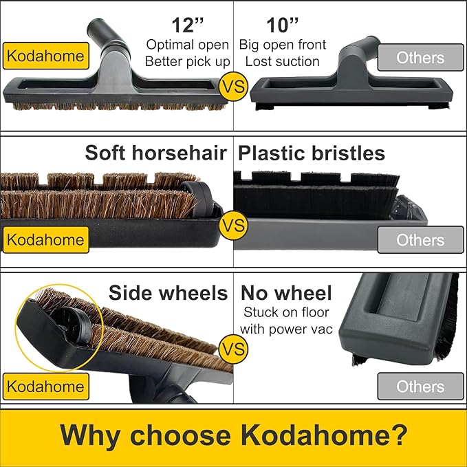 Hardwood Brush Vacuum Attachment for 1 1/4" 2 1/2" Shopvac Wet Dry Vacs, Horsehair Bristles Parquet Nozzle, 12" Shop Vac Floorhead Accessory (1.25" Hard Floor Head & 2.5" Vac Hose Adapter)