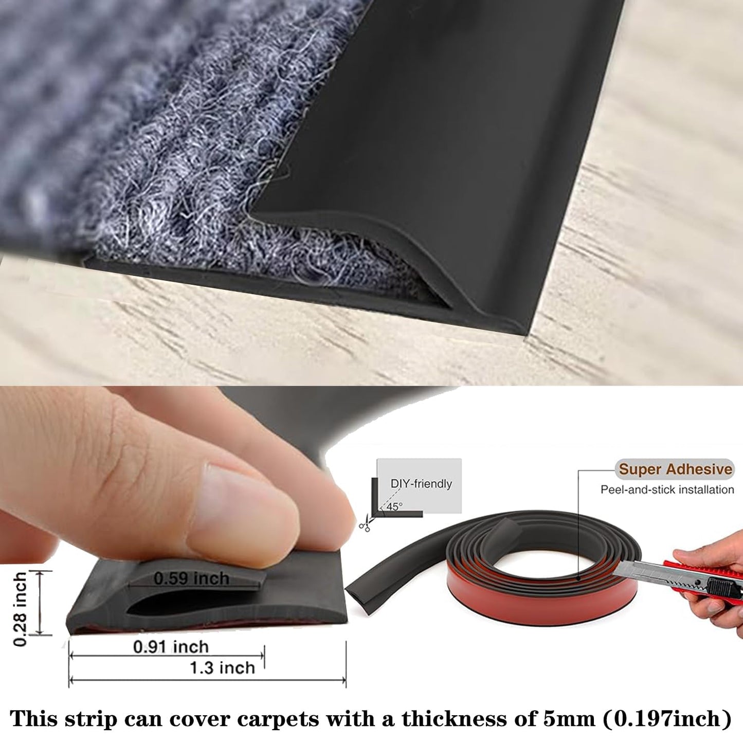 Self Adhesive Carpet Transition Strip with Edge Trim, Designed for Seamless Transitions from Carpet to Tile or Vinyl Floors, Perfect for Doorways.(Gray,20ft)