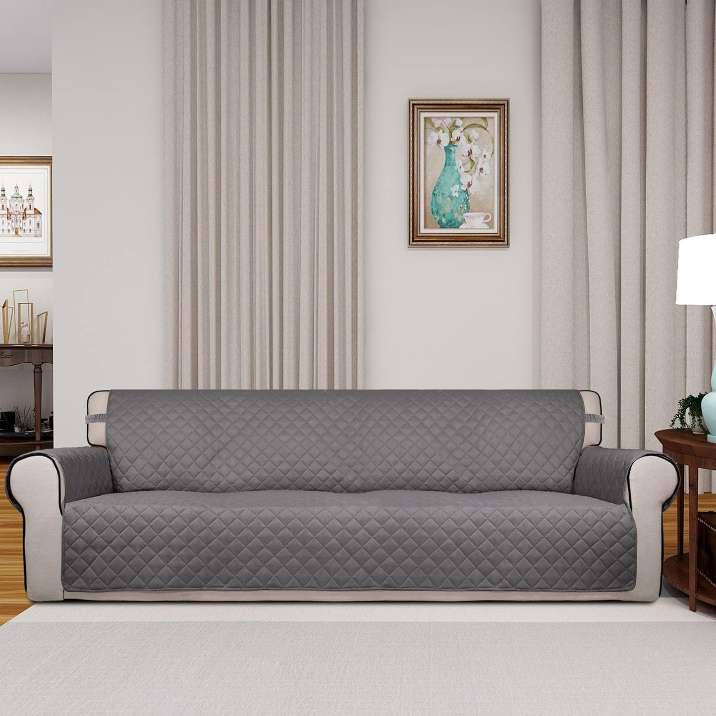 PureFit Reversible Quilted Sofa Cover, Water Resistant Slipcover Furniture Protector, Washable Couch Cover with Non Slip and Elastic Straps for Kids, Dogs, Pets (XX Large, Gray/Gray)