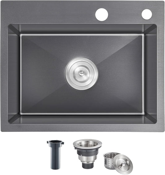 20x16 Inch Drop in Kitchen Sink, 304 Black Stainless Steel Sink, 9" Deep Single Bowl, R10 Tight Corner, 2 Pre-Drilled Holes, Topmount Installation,for Small Kitchen/RV/Bar Sink