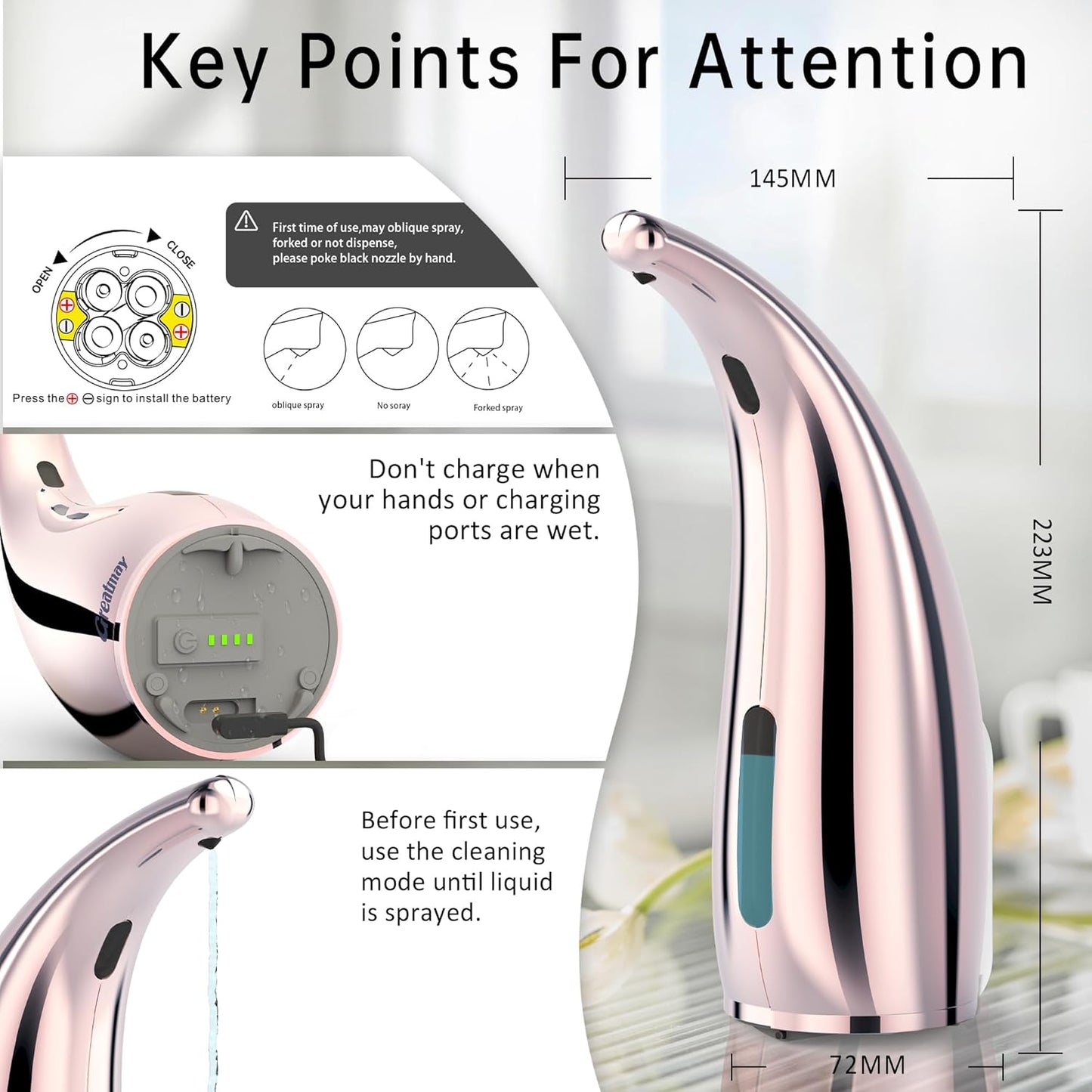 Adjustable Automatic Soap Dispenser Touchless, 4 Adjustable Levels Touchless Sensor Liquid Soap Pump Dispenser，300ml Rechargeable Magnetic Charging Hand Soap Dispenser for Kitchen，Bathroom