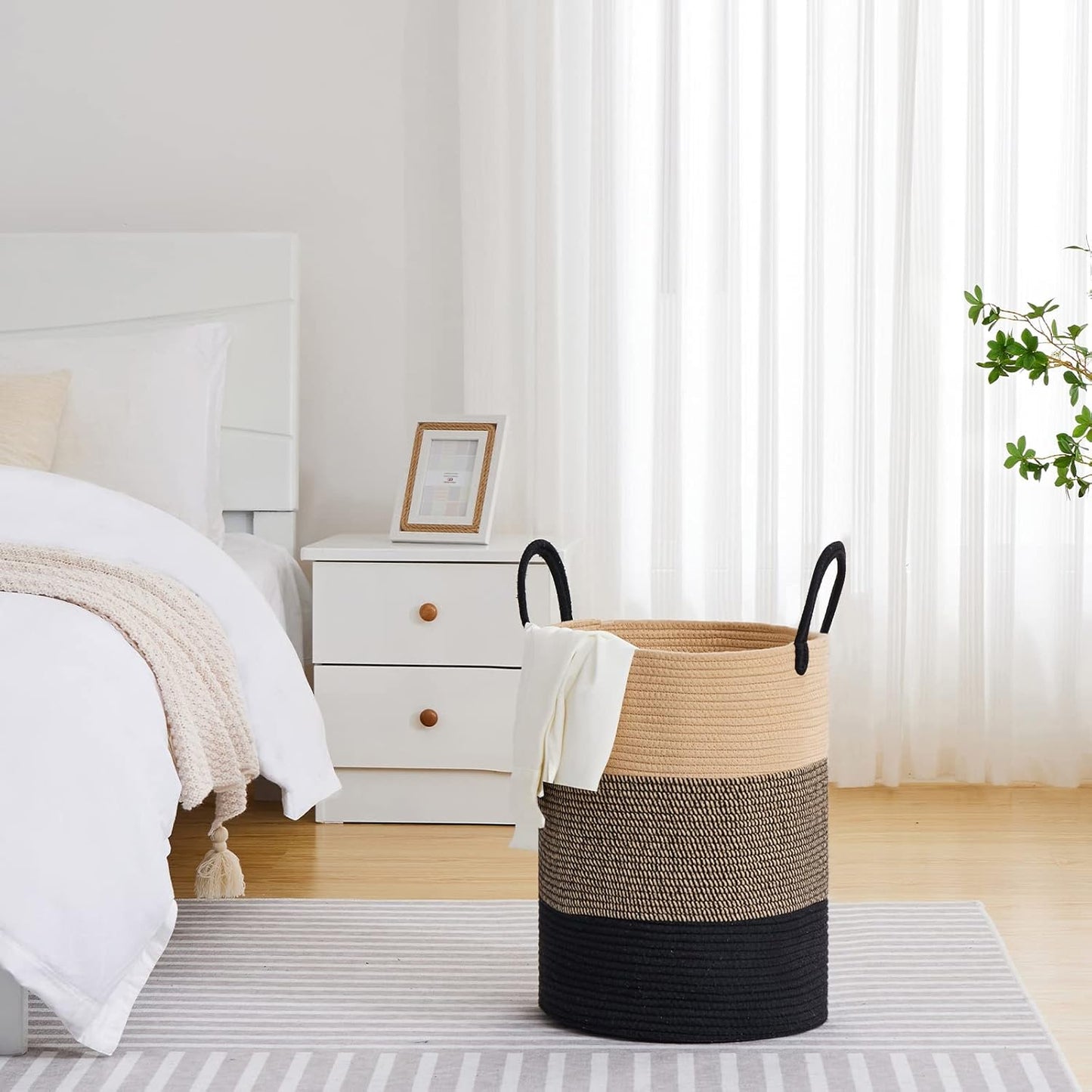 VIPOSCO Large Laundry Hamper, Tall Woven Rope Storage Basket for Blanket, Toys, Dirty Clothes in Living Room, Bathroom, Bedroom - 58L Brown & Black