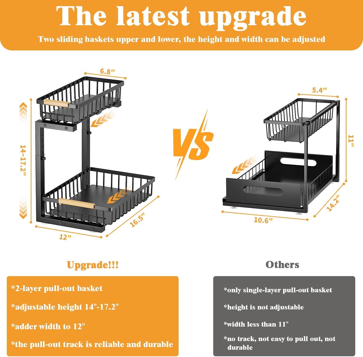 2-Tier Slide Out Under Sink Organizer – 2-Tier Pull-Out Storage Rack, Bathroom organizers and storage for Kitchen and Bathroom, Space-Saving Cabinet Organizer, Rustproof,（Black)(2 Pack)