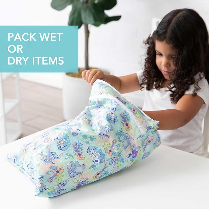 Bumkins Disney Waterproof Wet Dry Bag for Baby, Travel, Swimsuit, Cloth Diapers, Pump Parts, Pool, Beach, Gym Clothes, Toiletry, Hook to Stroller, Daycare, Zipper Reusable Wetdry Packing, Aloha Stitch