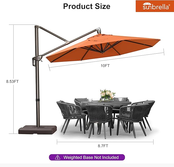 PURPLE LEAF 10FT Cantilever Patio Umbrella with 360-degree Rotation Aluminum Round Outdoor Offset Handing Umbrella for Patio Pool, Burnt Orange