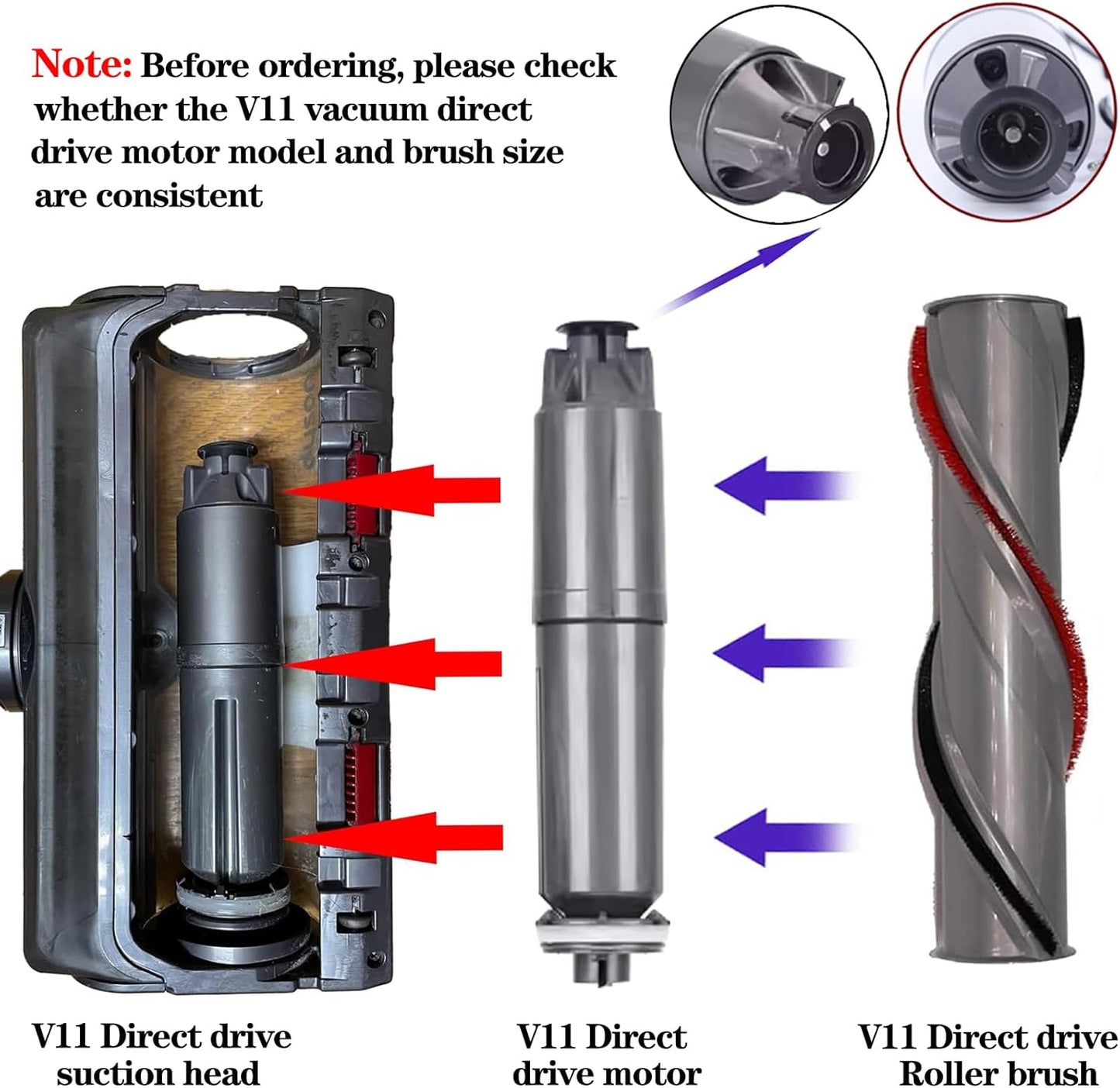 V11 Roller Brush Replacement Parts Compatible with Dyson V11 Animal, Absolute Cordless Vacuum Attachments, V11 Brush Cleaner Head Accessories. Part No. 970135-01, 970100-05