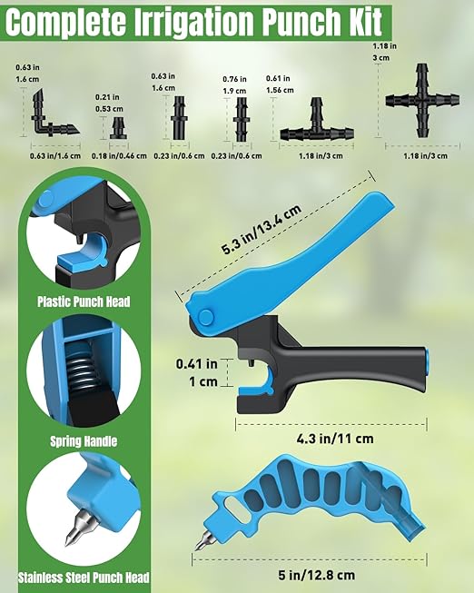 Pawfly Drip Irrigation Hole Punch Tool & Tubing Cutter Kit, Drip Irrigation Punch Tool for 16-20 mm PE Tubing, Drip Punch Tools & Cutter with 150 Barbed Connectors for Sprinkler Setup