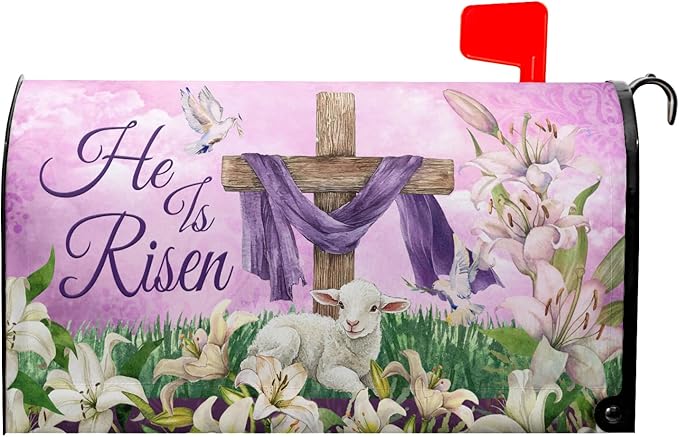 He is Risen Cross Christian Mailbox Cover Magnetic Standard Size 21x18 Inch Spring Easter Letter Box Wrap Religious Lily Floral Sunrise Lamb decorative Dust-Proof Letterbox Covers for Home Garden Yard