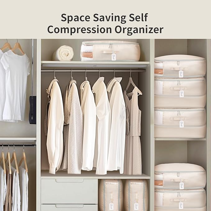 DIMJ 66L Comforter Storage Bag - 3 Pack Space-Saving Self-Compression Bags for Blankets, Duvets, Pillows, Bedding, and Down Jackets with Clear Window and Handle