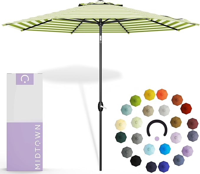 Midtown Umbrellas The Lean 9 Feet Outdoor Umbrella With Terylast Pear Stripes (Green/White Stripes) Polyester Fabric - Auto-Tilt Aluminum Frame Patio Umbrella For Deck, Garden, Pool - Black Pole