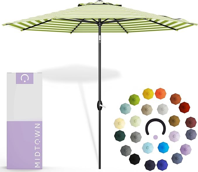Midtown Umbrellas The Lean 8 Feet Outdoor Umbrella With Terylast Pear Stripes (Green/White Stripes) Polyester Fabric - Auto-Tilt Aluminum Frame Patio Umbrella For Deck, Garden, Pool - Black Pole