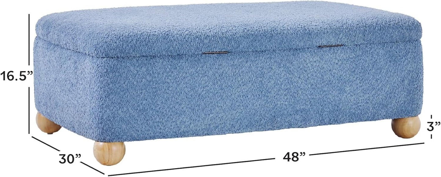 Walker Edison Linley Contemporary Large Storage Bouclé Ottoman with Wood Legs, Soft Blue