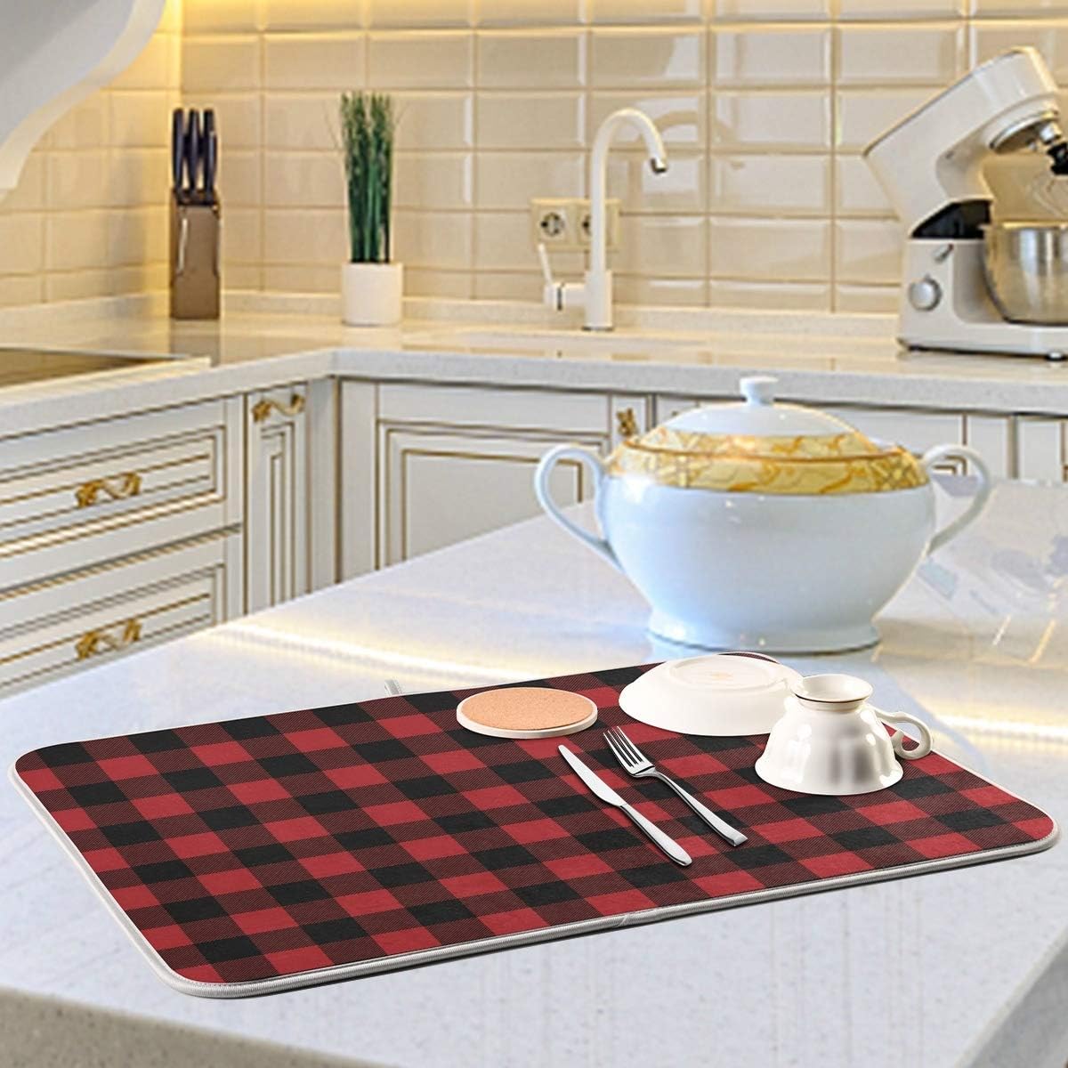 Red and Black Buffalo Plaid Dish Drying Mat 18x24 for Kitchen Merry Christmas Winter Xmas Dishes Pad Dish Drainer Rack Mats Absorbent Fast Dry Kitchen Accessories