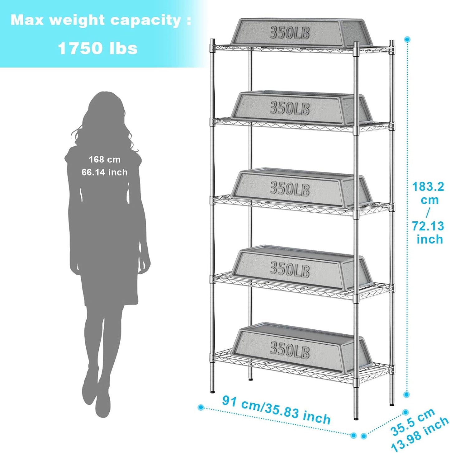 Auslar 5-Shelf Storage Shelves Heavy Duty 5 Tiers Standing Large Shelving Units Adjustable Metal Organizer Wire Rack, 14" x 36" x 72", Chrome