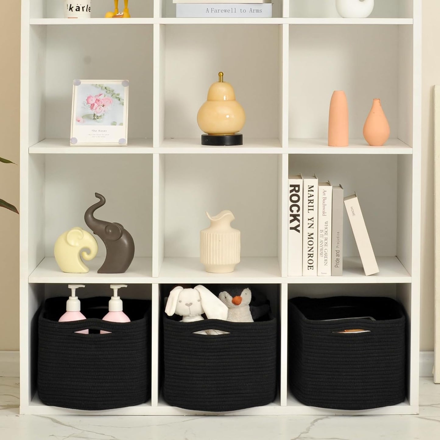 Large Storage Baskets for Organizing Shelves, Woven Cotton Rope Bins for Baby Nursery Organization, Book Toy Towel Organizer, 17"x13"x9.5", 3 Packs, Black