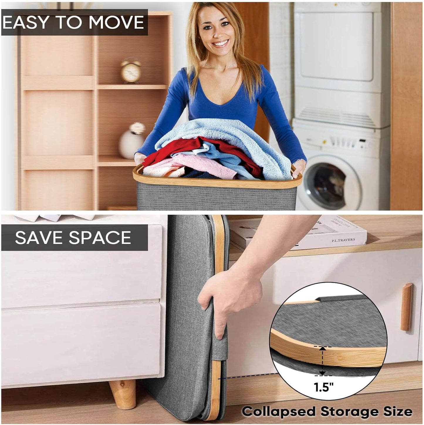 BALEINE Laundry Hamper with Lid, Tall Laundry Baskets with Bamboo Pull Handles, Large Laundry Bin with Internal Support (18 Gal/70L, Black)