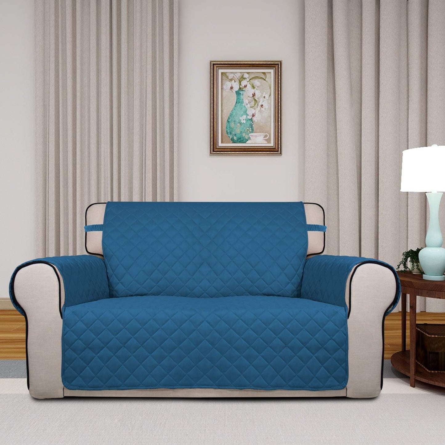 PureFit Reversible Quilted Sofa Cover, Water Resistant Medium Slipcover Furniture Protector, Washable Couch Cover with Non Slip Foam and Elastic Straps for Kids, Pets (Loveseat, Peacock Blue/Beige)