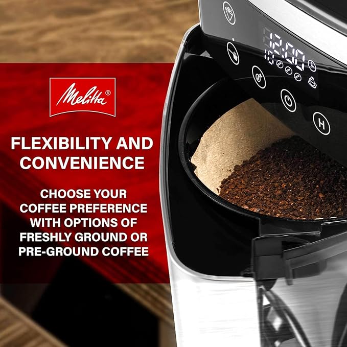 Melitta® Aroma Fresh™ Plus 10-Cup Automatic Drip, Programmable Coffee Maker with built in Burr Coffee Grinder, 5-Pack Coffee Filters included
