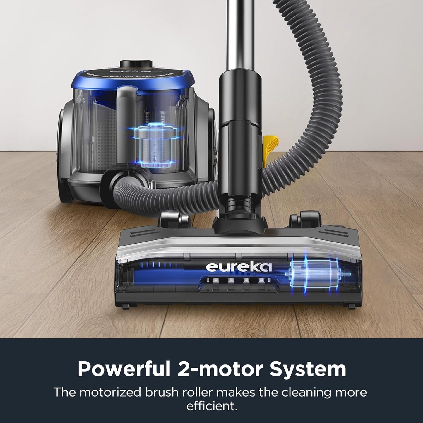 Eureka Bagless Canister Vacuum with Washable HEPA Filter, 16KPA Suction for Carpets/Hard Floors, Compact Design with 3 Cleaning Tools, 2-Motor Household Vacuum, Lightweight and Easy Maneuverable