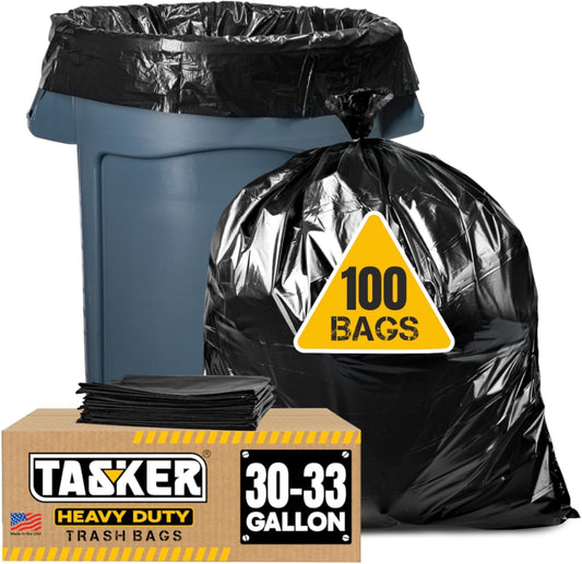 30-33 Gallon Trash Bags Heavy Duty (100 Bags w/Ties Value Pack), Large Black Trash Bags 30 Gallon - 32 Gallon