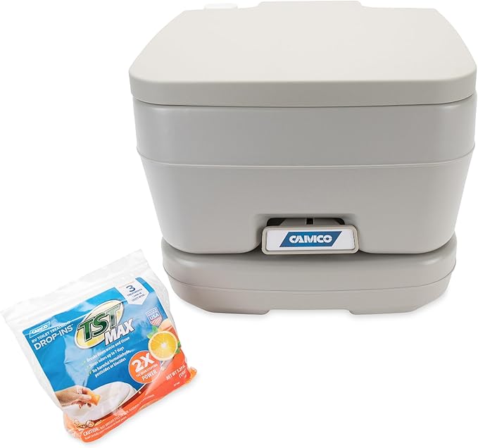 Camco 2.6-Gallon Portable Toilet - Features Detachable Holding Tank w/Sealing Slide Valve & Bellow-Type Flush - Easy Transport w/Compact Lightweight Design & Carry Handle - Gray (41531)